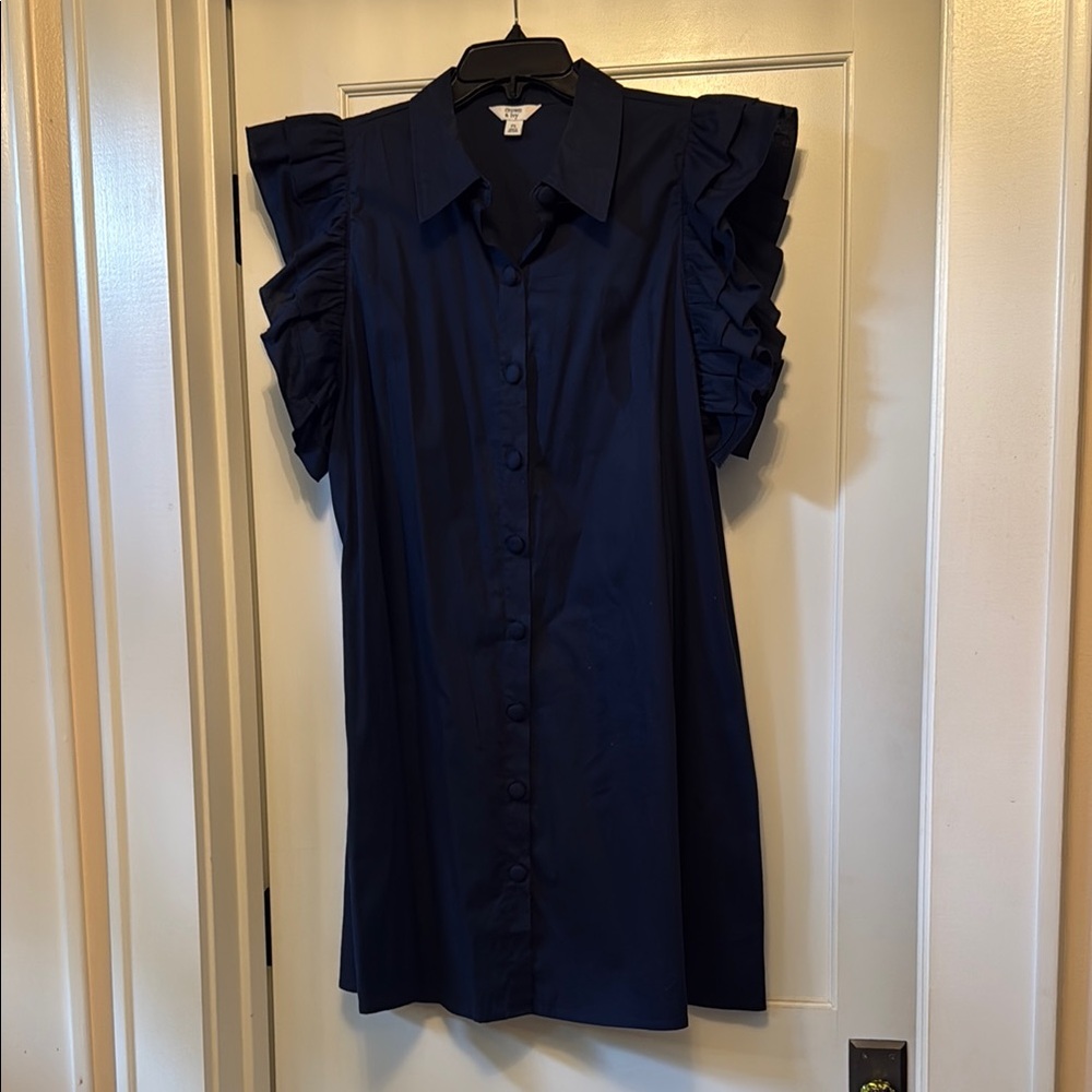 Crown & Ivy Navy Ruffle Sleeve Button Dress